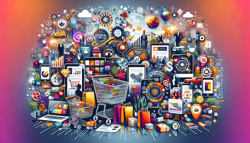 The image features a collage of elements, including shopping carts, online shopping graphics, various generations of consumers, and holiday shopping themes, along with digital devices, shopping bags, and festive decorations.