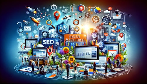 This image features a collage of elements symbolizing different aspects of digital marketing, such as SEO, content writing, social media management