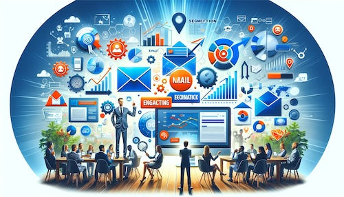 The image features a collage of elements, including email icons, engaged customers, segmentation graphs, and compelling offers, along with computers, email envelopes, and analytics charts. 