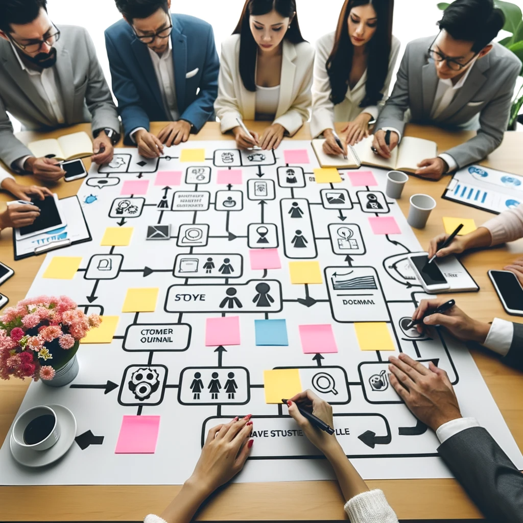 Photo: A modern marketing team gathered around a large table, collaboratively working on a physical customer journey map spread out before them. They use sticky notes, markers, and figurines to represent different stages and interactions.