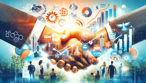 This image features a collage of elements symbolizing marketing, partnerships, and brand development, including graphical elements like handshakes, growth charts, and diverse consumer groups. 